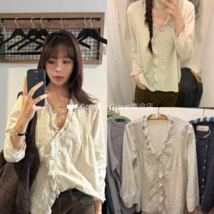 买手店 Viaplain 26早春新款 法式复古荷叶边蕾丝波点长袖衬衫