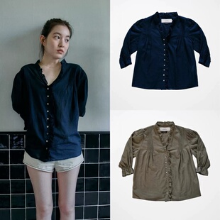 北京现货 viaplain 25秋季新款VICTORIA褶皱荷叶边V领七分袖衬衫