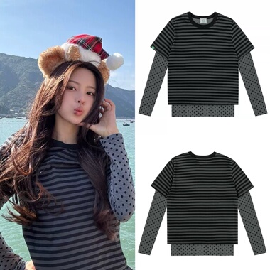 杨超越同款 nocontent 韩国小众品牌设计感条纹波点假两件长袖T恤