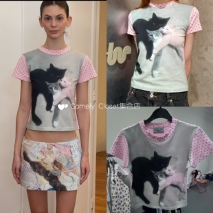 买手店 Ashley Williams 26春夏新款 Y2K小众三只小猫粉色波点T恤