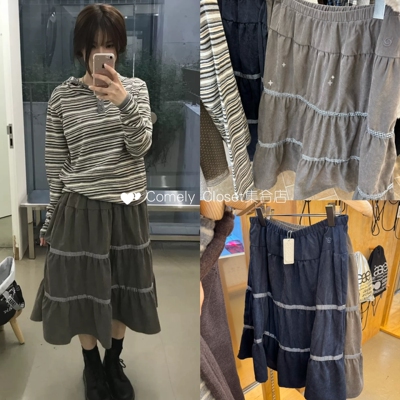 买手店现货 aeaa 26新款 格纹拼接裙子百搭伞裙褶皱蛋糕裙半身裙