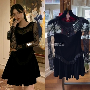 在途现货 seooocookie 26春夏新款 气质蕾丝花边收腰天鹅绒连衣裙