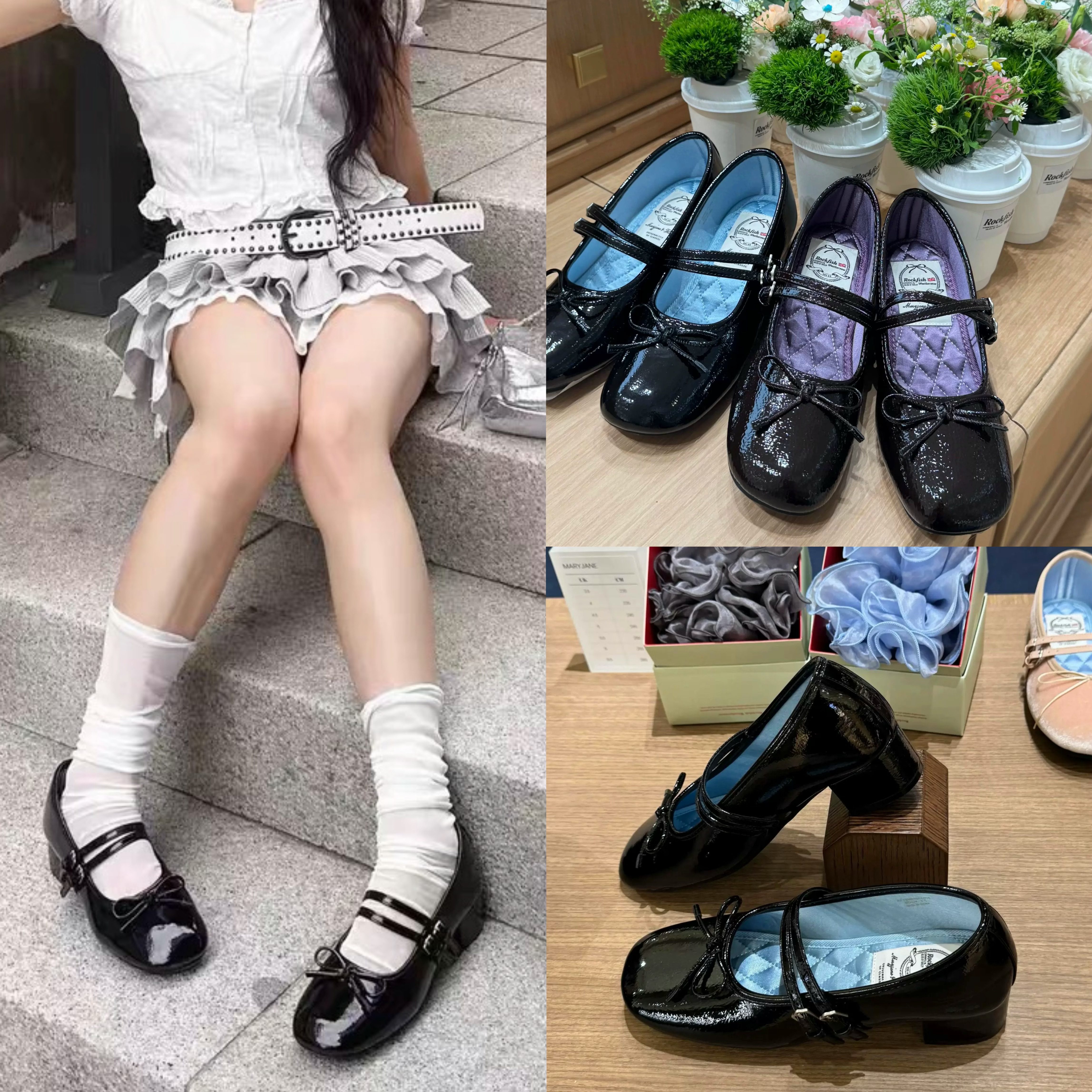 韩国*rockfish 25秋新款 绑带中跟漆皮玛丽珍单鞋蝴蝶结芭蕾鞋女图片