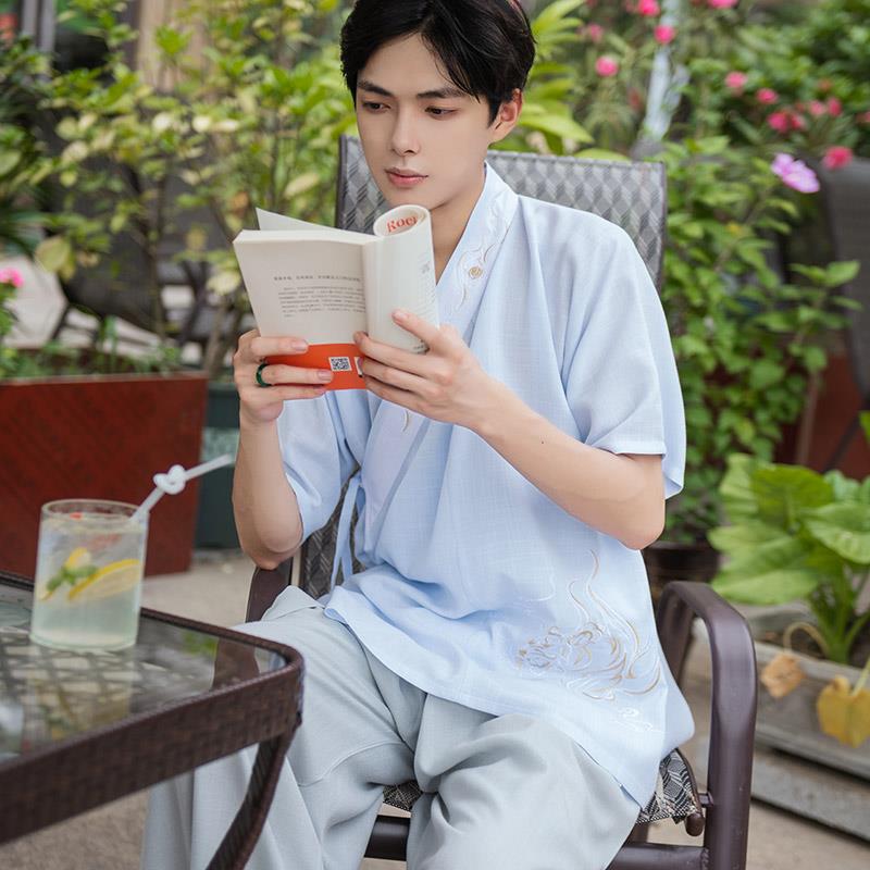 虎吟| 如梦霓裳原创汉服男装薄款交领半臂短袖重工刺绣国风夏季