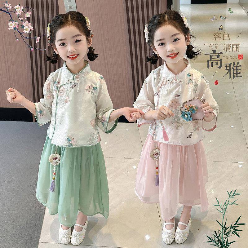 女童夏季汉服套装新款女宝宝中国风唐装洋装儿童超仙古装两件套