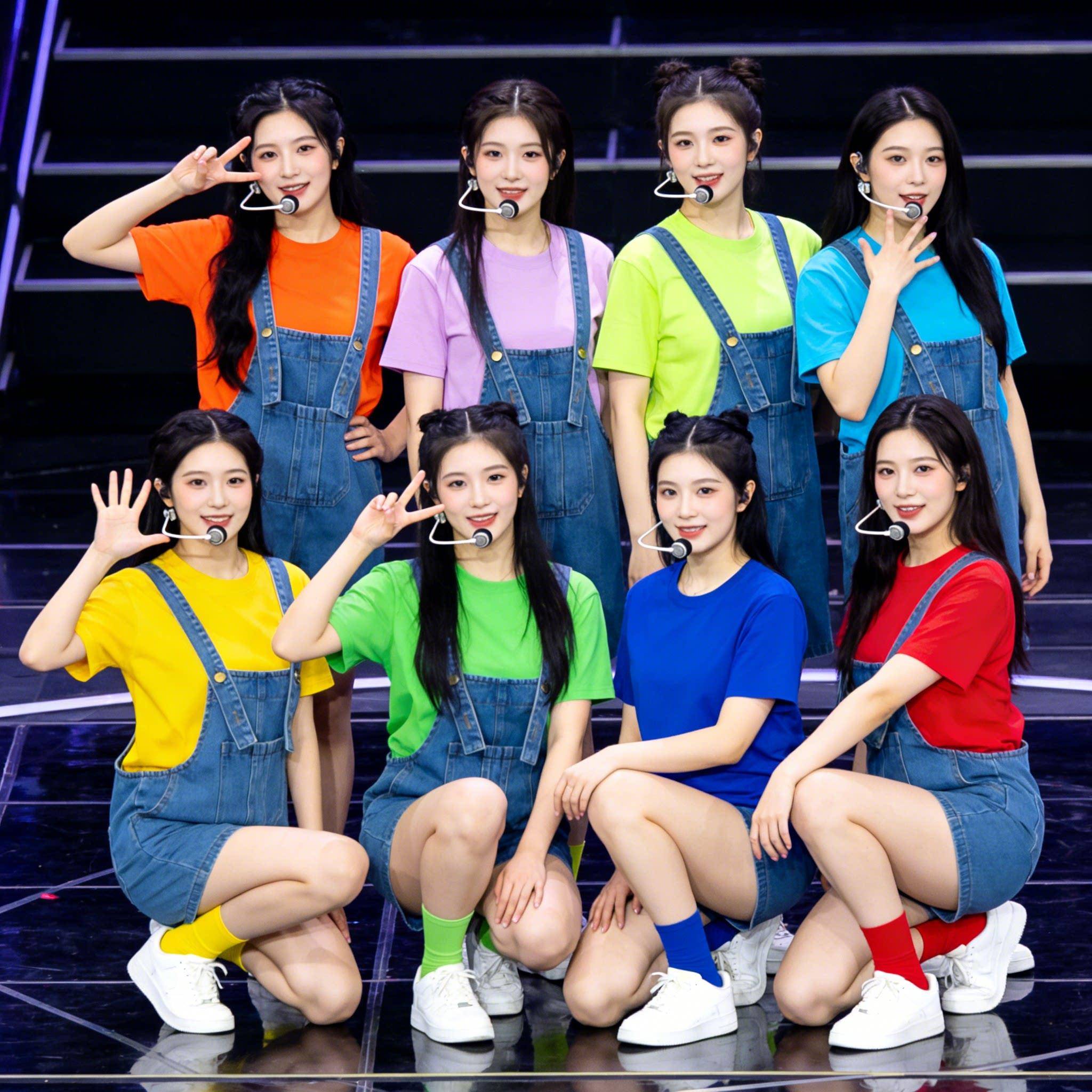韩国女团糖果色演出服韩舞打歌服现代爵士舞蹈牛仔背带短裤表演服