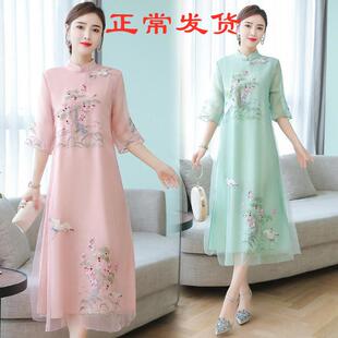 文艺复古茶道服装 七分袖茶服女连衣裙 中国风旗袍茶艺师服装
