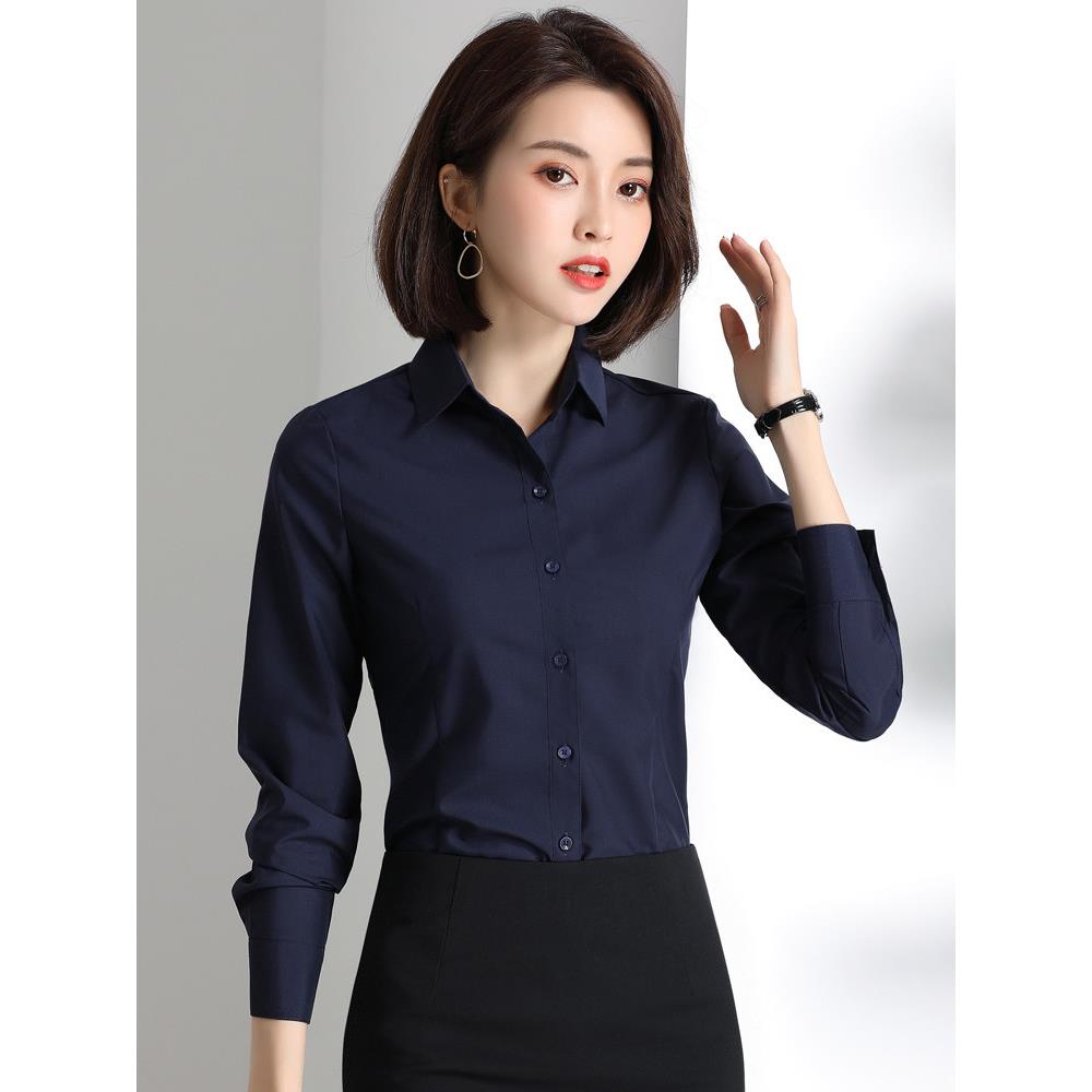 深蓝色衬衫女士长袖夏季薄职业优雅工作服正式不熨烫抗皱办公衬衫