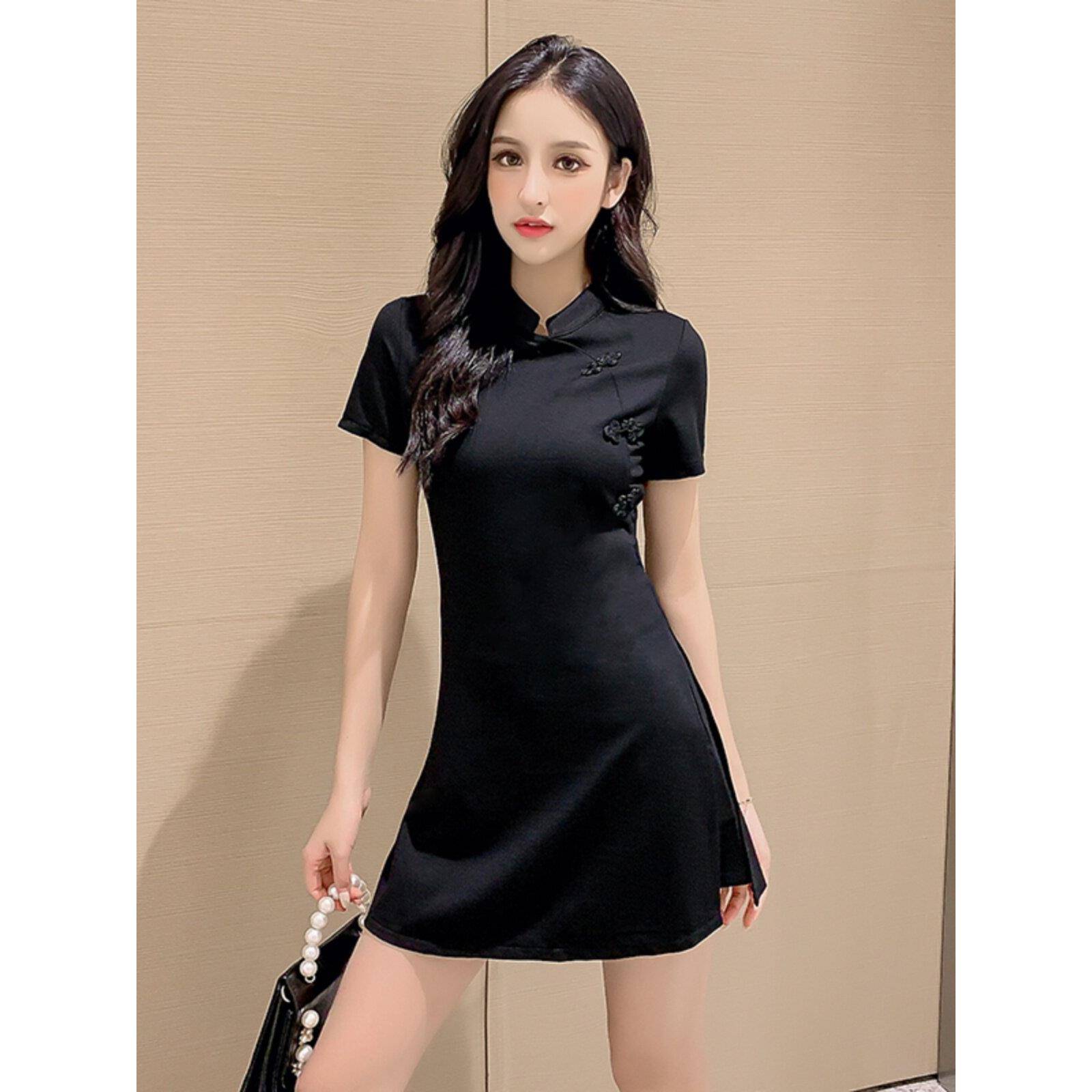 改良旗袍黑色连衣裙女性套装短裤短裙足浴服修脚师工作服新款式