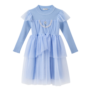 百丽童装女童公主裙2026春季长袖连衣裙儿童蓬蓬网纱裙中长款裙子