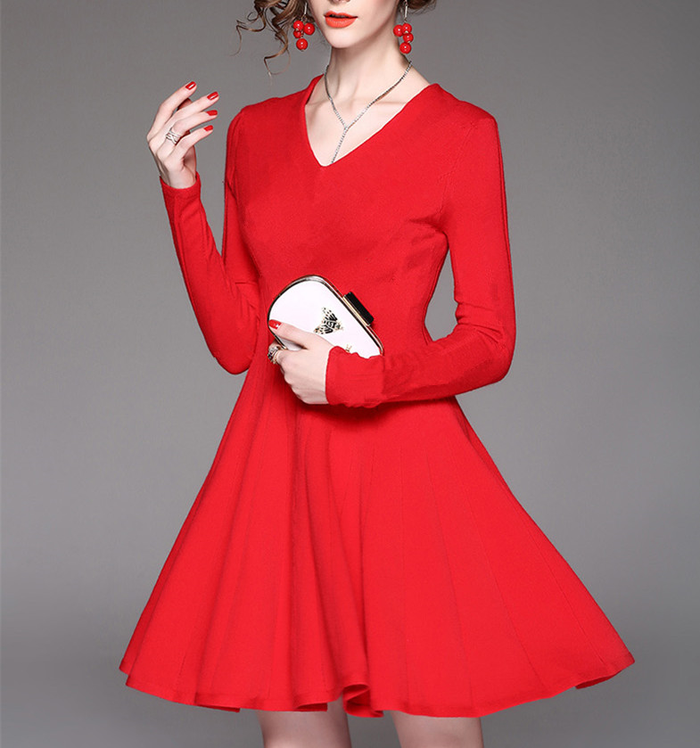 女长袖舞蹈连衣裙V领拉丁套服V领显瘦演出服练功裙子大码小黑裙