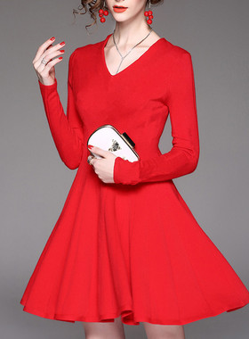 女长袖舞蹈连衣裙V领拉丁套服V领显瘦演出服练功裙子大码小黑裙