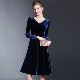 秋冬长袖新款进口丝绒拉丁舞蹈连衣裙圆领大码演出服晚宴小礼服潮