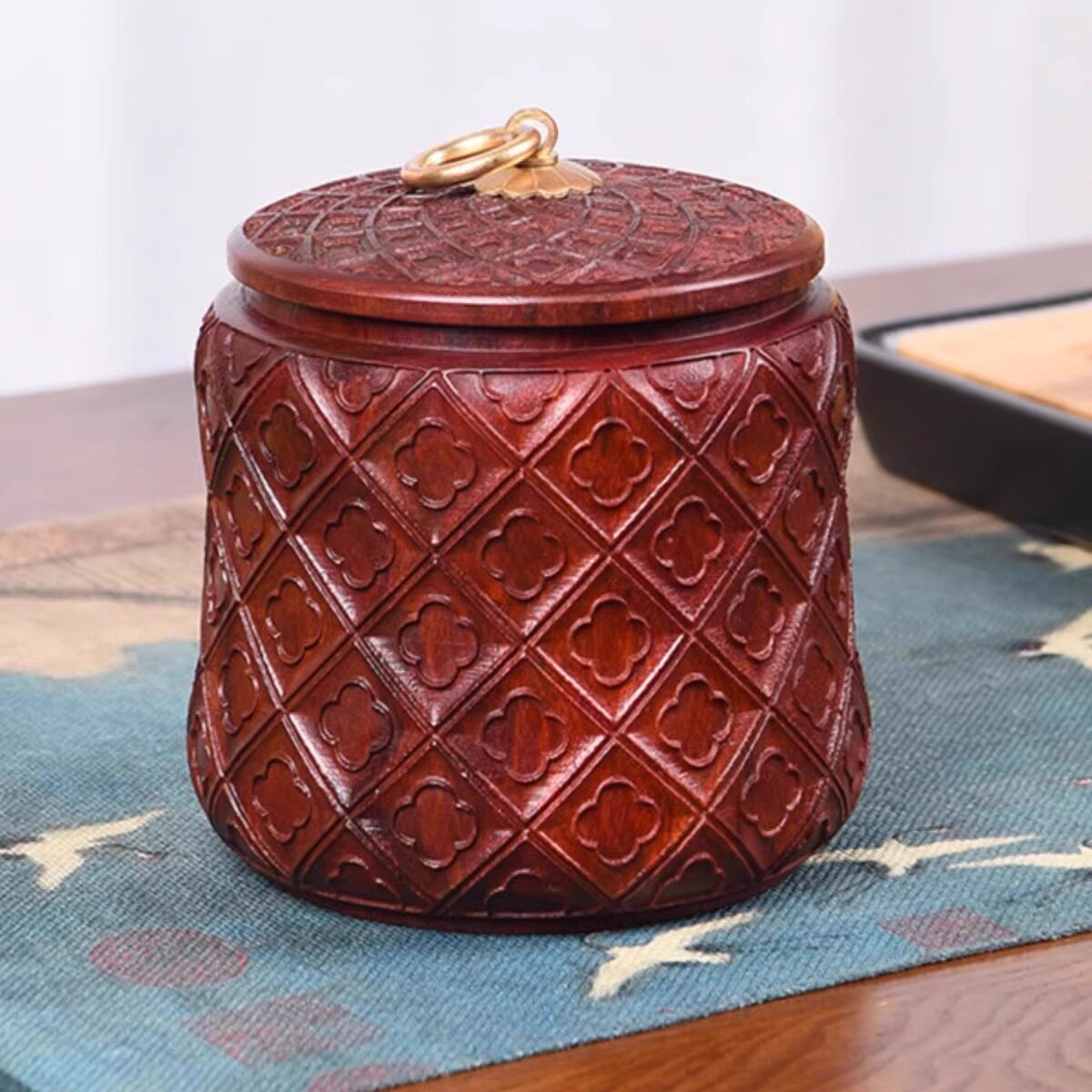 天纵赞比亚血檀米粒年年有余茶叶收纳罐红实木糖果零食存储密封罐