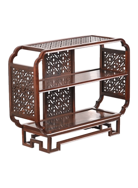 天纵大红酸枝镂空葵角茶边柜