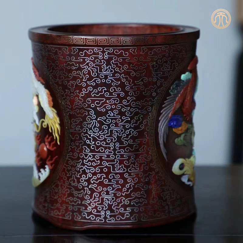 印度小叶紫檀龙飞凤跃百宝嵌手工笔筒红木精品毛笔收纳桶实木笔筒