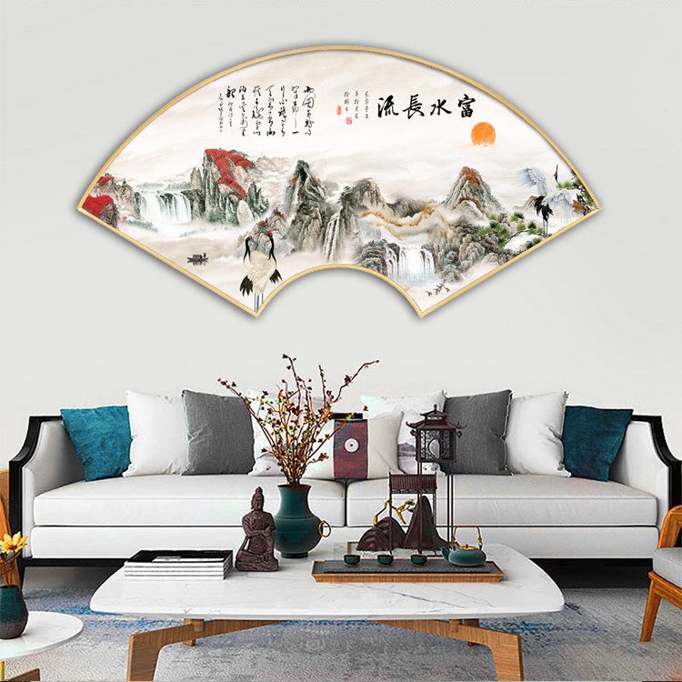 新中式入户玄关山水画扇形装饰画餐厅挂画中国风客厅沙发背景壁画