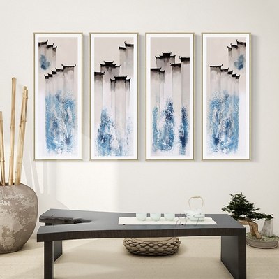 新中式风徽派建筑水墨三联装饰画