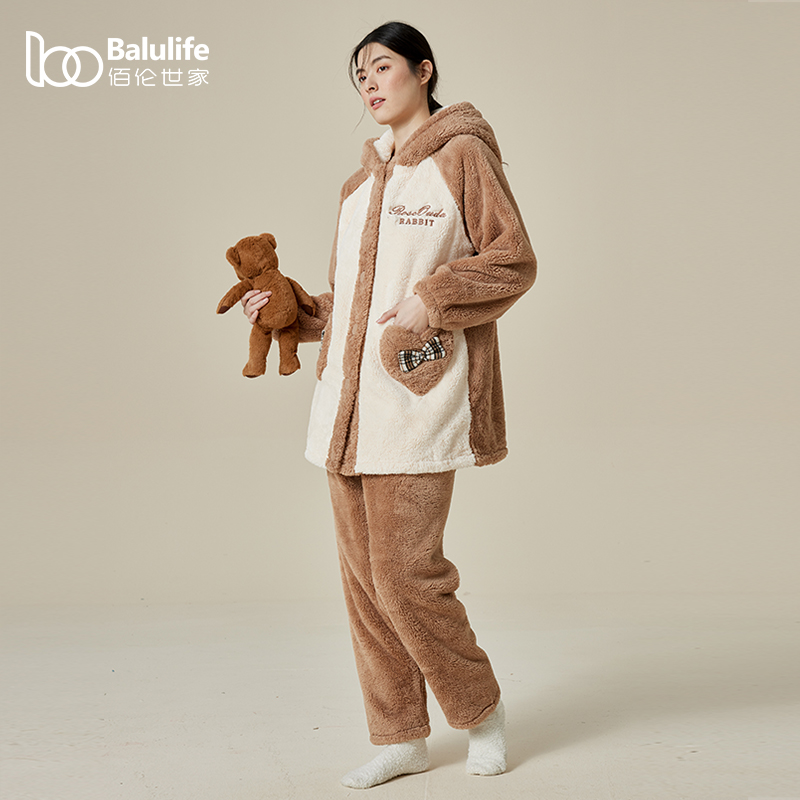 佰伦世家连帽珊瑚绒睡衣女新品