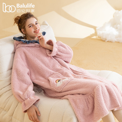 睡袍女款秋冬季珊瑚绒加绒加厚甜美可爱法兰绒睡衣家居服中长款