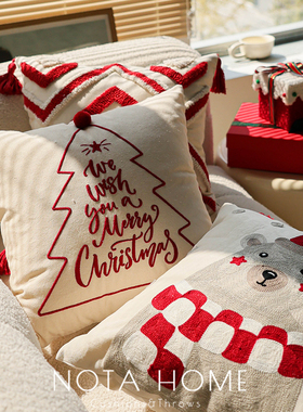 ins风抱枕现代简约枕套圣诞节刺绣红色靠枕节日软装靠垫车载方枕