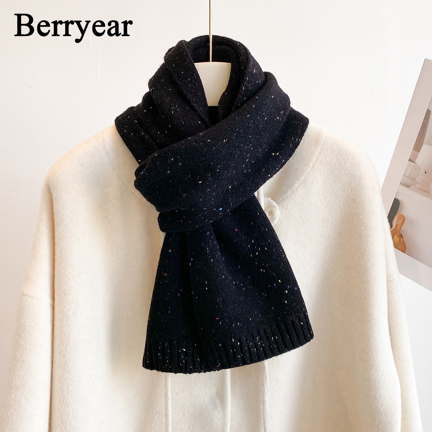 黑色羊毛围巾女冬季保暖针织围脖