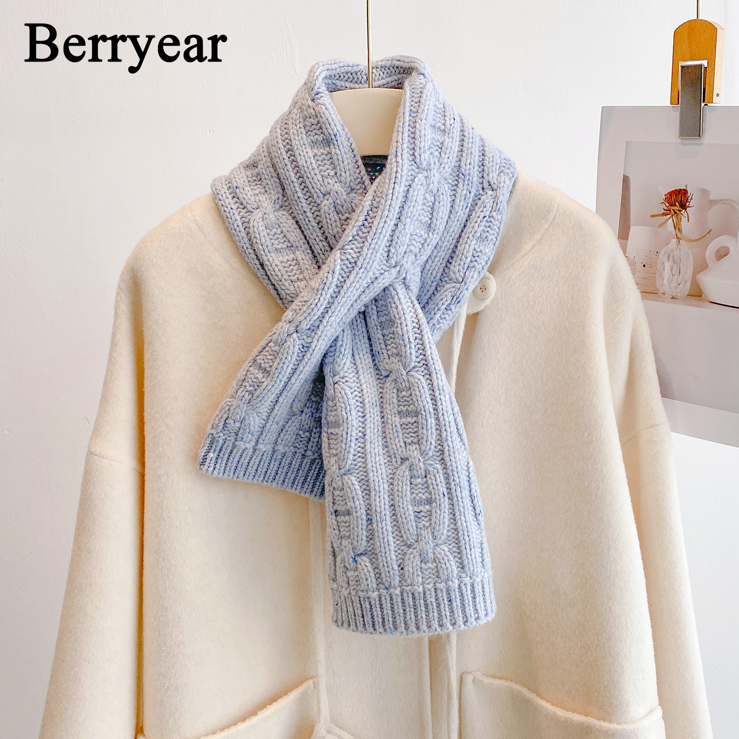 蓝色羊毛围巾女冬季交叉护颈围脖