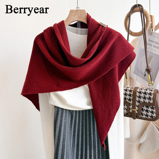 红色100%纯羊毛围巾三角巾女2025新款冬季高级感围脖外搭披肩斗蓬