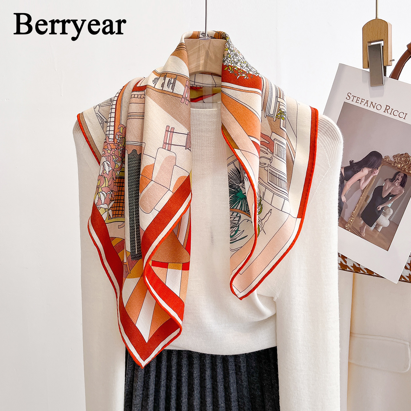 桔色真丝羊毛围巾丝巾女丝毛领巾