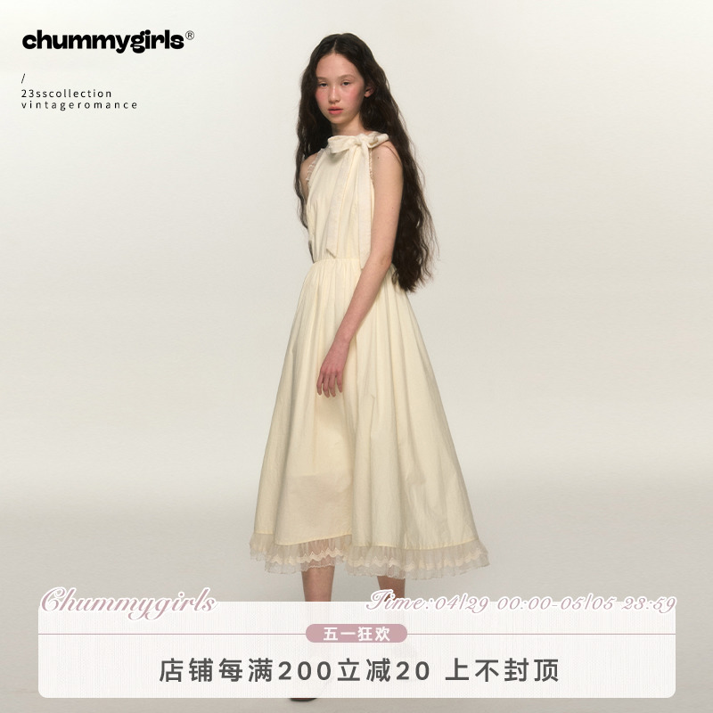 chummygirls 原创法式芭蕾挂脖系带蝴蝶结蕾丝连衣裙温柔收腰长裙