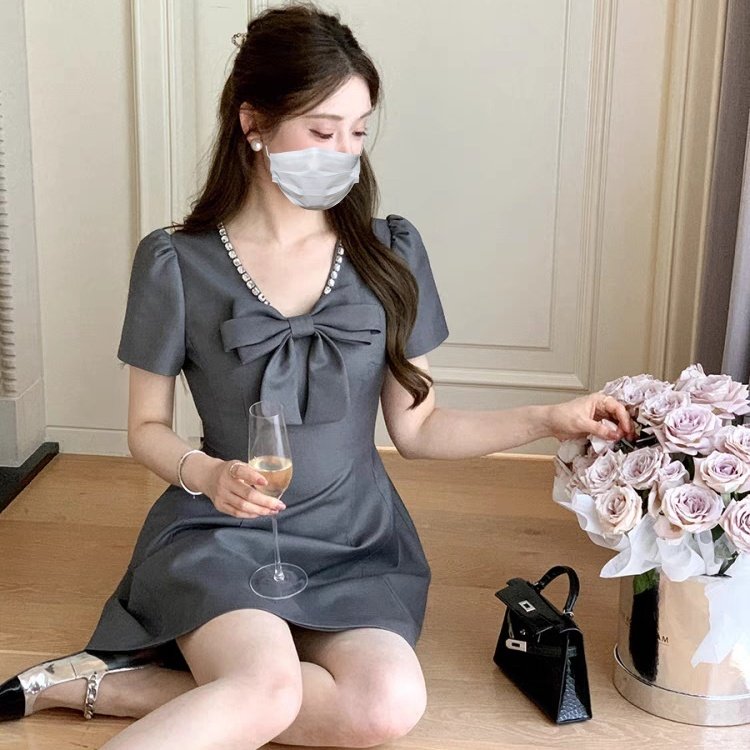 MIU系甜妹法式礼服短款显瘦收腰蝴蝶结连衣裙女夏生日礼裙千金风