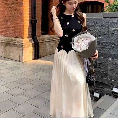 无袖背心连衣裙网纱拼接礼服长裙