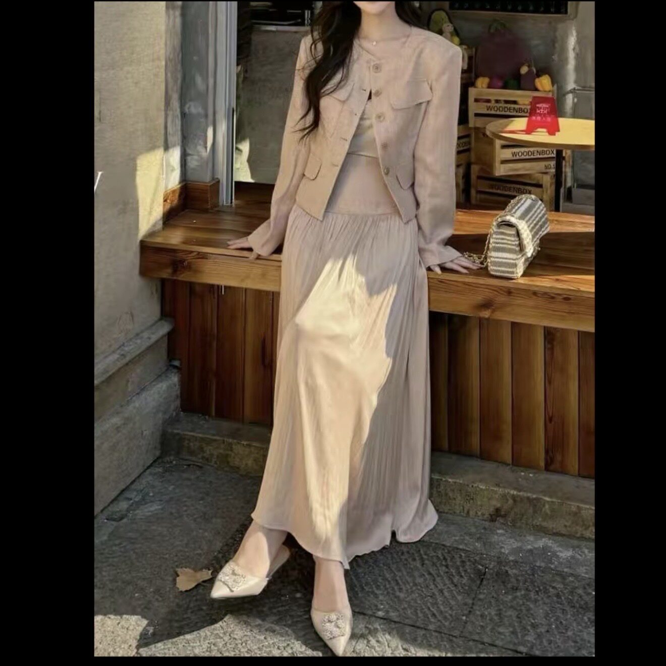 法式温柔风长袖小香风外套百褶半身裙长裙两件套女高级感显瘦套装