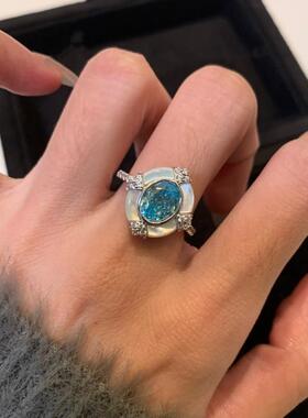 轻奢海蓝宝椭圆贝母戒指女法式复古宫廷vintage中古彩宝钻戒开口