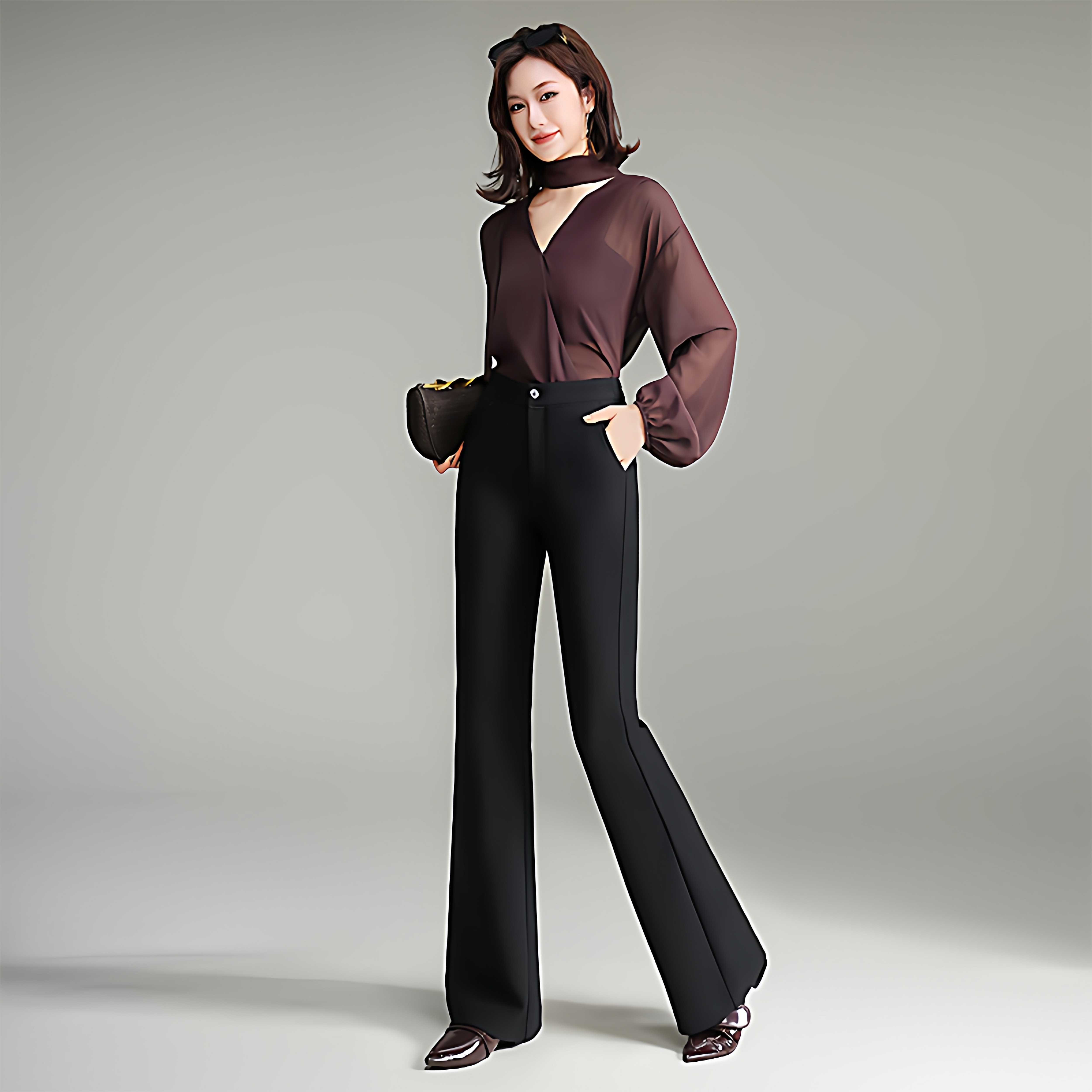 2026年春季新款高腰纽扣黑色微喇裤女显瘦显腿长通勤垂感休闲长裤,女装/女士精品,休闲裤,淘宝优惠券,粉丝福利购,淘宝优惠卷