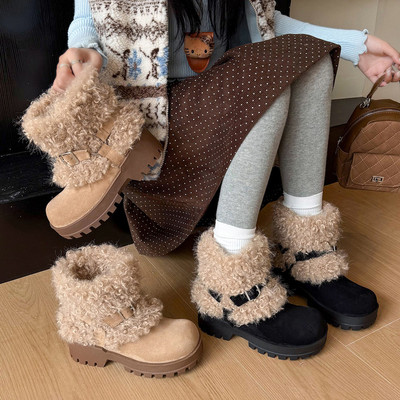 松糕底雪地靴女厚底中筒靴防滑耐磨棉靴东北加绒保暖皮毛一体靴