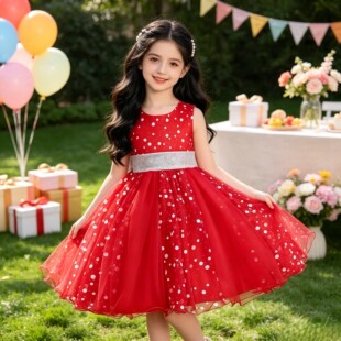 儿童礼服花童公主裙无袖波点蝴蝶结连衣裙夏裙生日旅游度假演出服