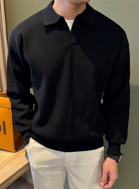 NR先生【菠萝纹】秋冬重工V翻领针织男老钱纯色保暖微阔休闲polo