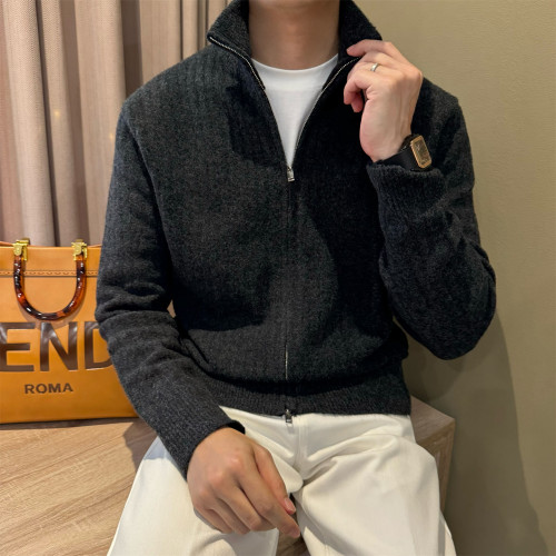羊毛混纺立领双拉链针织开衫男