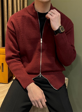 NR先生立领喜庆红色双拉链男毛衣轻奢纯色休闲百搭圣诞过年开衫潮