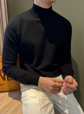 NR先生修身保暖打底细织男毛衣秋冬半高领套头休闲黑色内搭针织衫