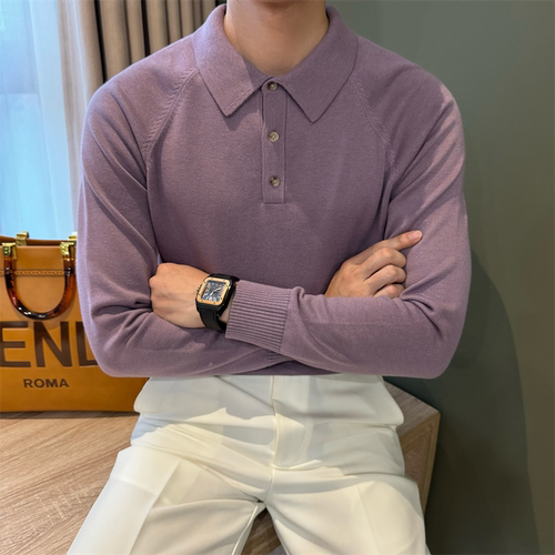 羊毛纯色老钱亲肤毛衣POLO男