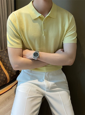 夏季短袖亲肤面料莱赛尔男polo衫韩版休闲清新浅黄色翻领针织衫