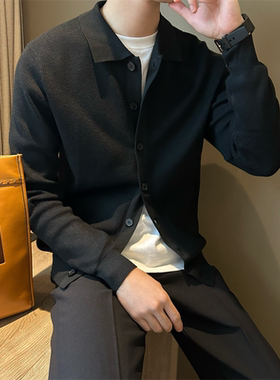 NR先生通勤修身羊毛翻领针织开衫男英伦复古纯色扣式保暖休闲针织