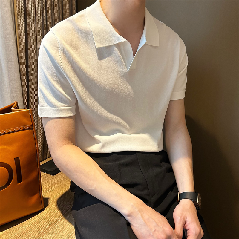 NR先生夏季短袖纯白色V翻领男polo衫净色冰丝透气修身百搭针织t衫