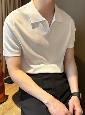 NR先生夏季短袖纯白色V翻领男polo衫净色冰丝透气修身百搭针织t衫