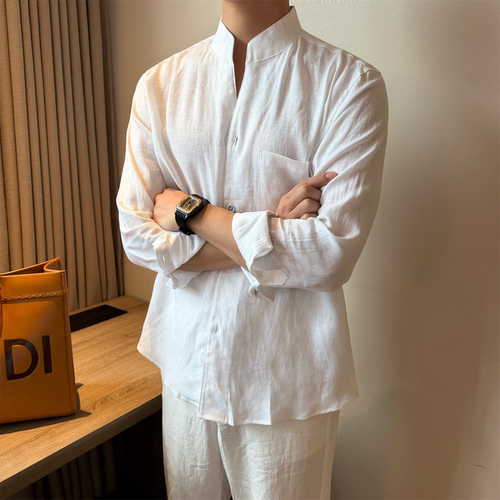 100%亚麻新中式立领衬衫男