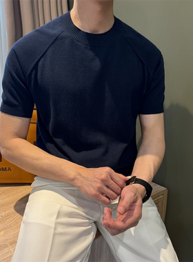 NR先生【纯棉】夏季亲肤男针织衫T轻熟纯色修身插肩袖圆领短体恤