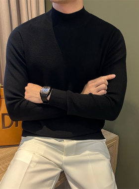 NR先生【羊毛】经典黑色内搭针织衫套头保暖中领精细打底毛衣男潮