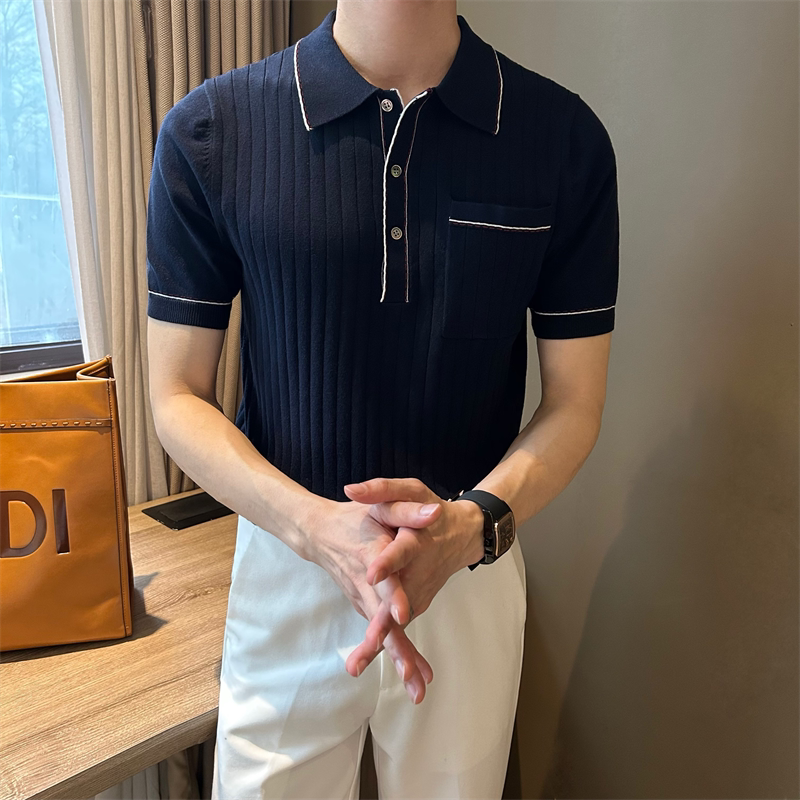 NR先生拼色刺绣设计感翻领polo男短袖夏季修身轻薄款带口袋针织衫